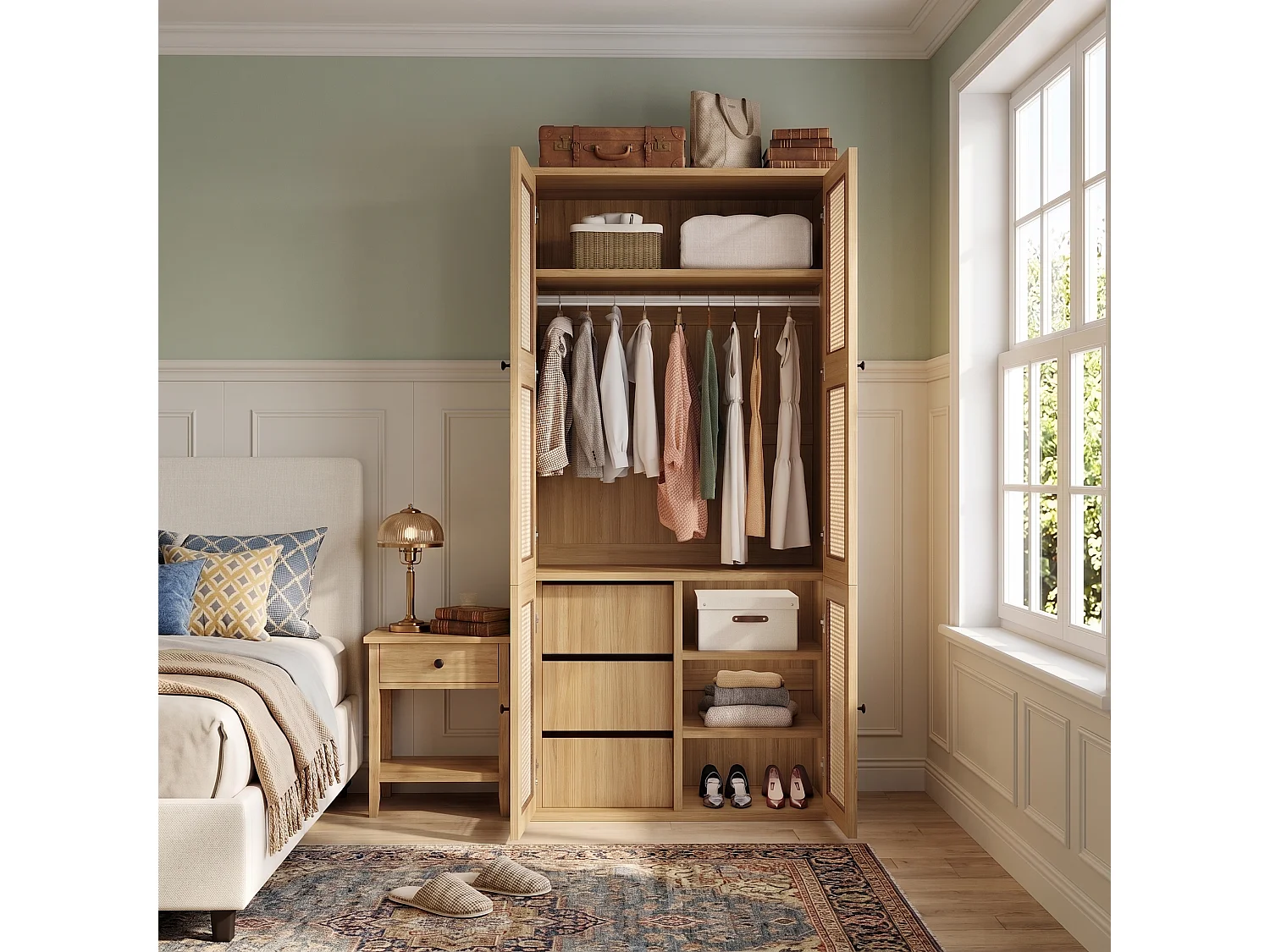 leiderschrank 90x200 cm mit Rattantüren - Moderner Aufbewahrungsschrank mit 1 Kleiderstange, 3 Schubladen & 4 Fächern - Natur