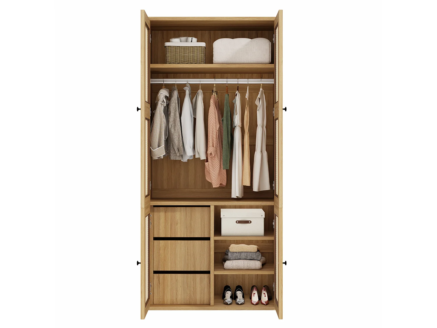 leiderschrank 90x200 cm mit Rattantüren - Moderner Aufbewahrungsschrank mit 1 Kleiderstange, 3 Schubladen & 4 Fächern - Natur