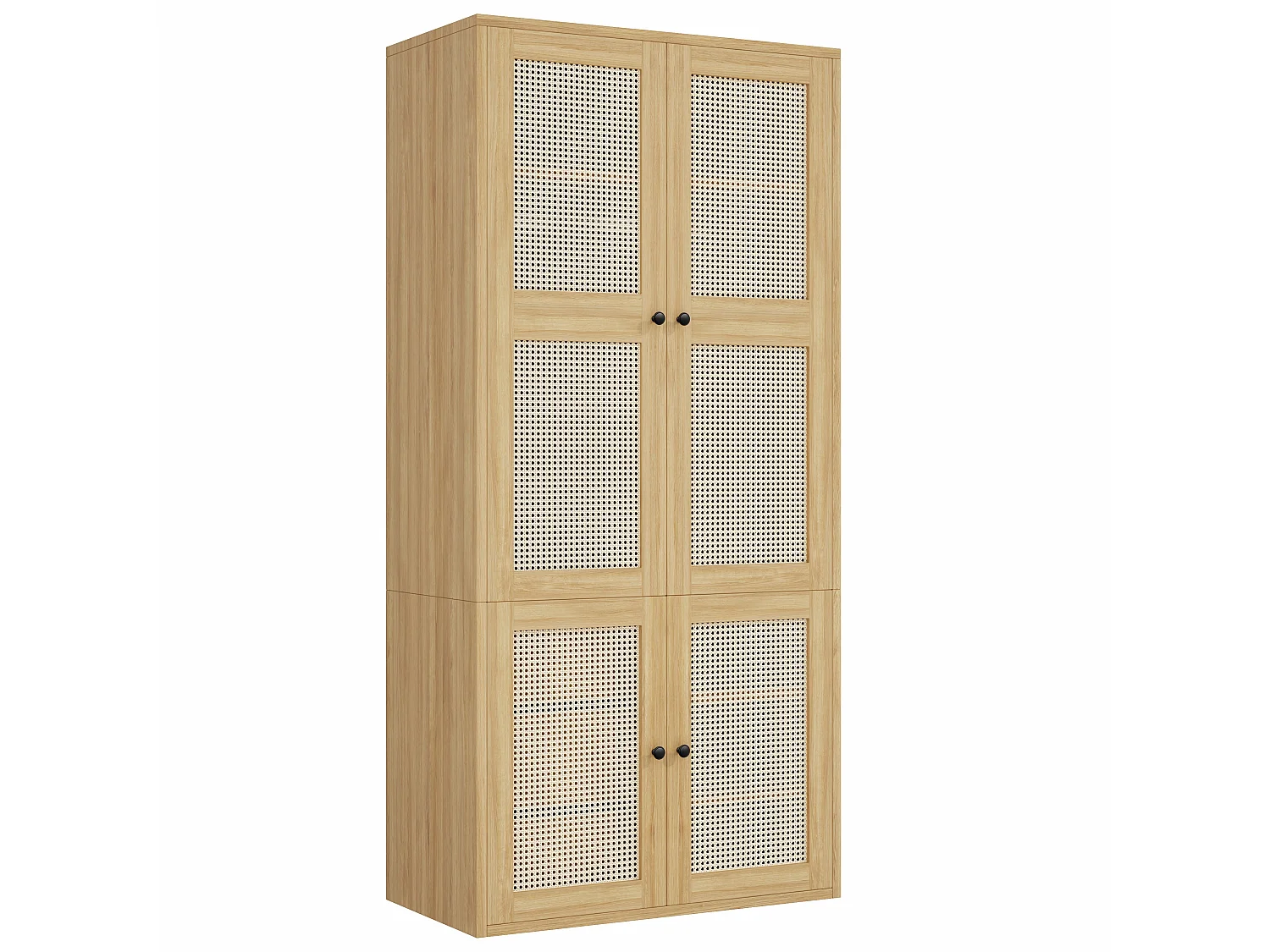 leiderschrank 90x200 cm mit Rattantüren - Moderner Aufbewahrungsschrank mit 1 Kleiderstange, 3 Schubladen & 4 Fächern - Natur
