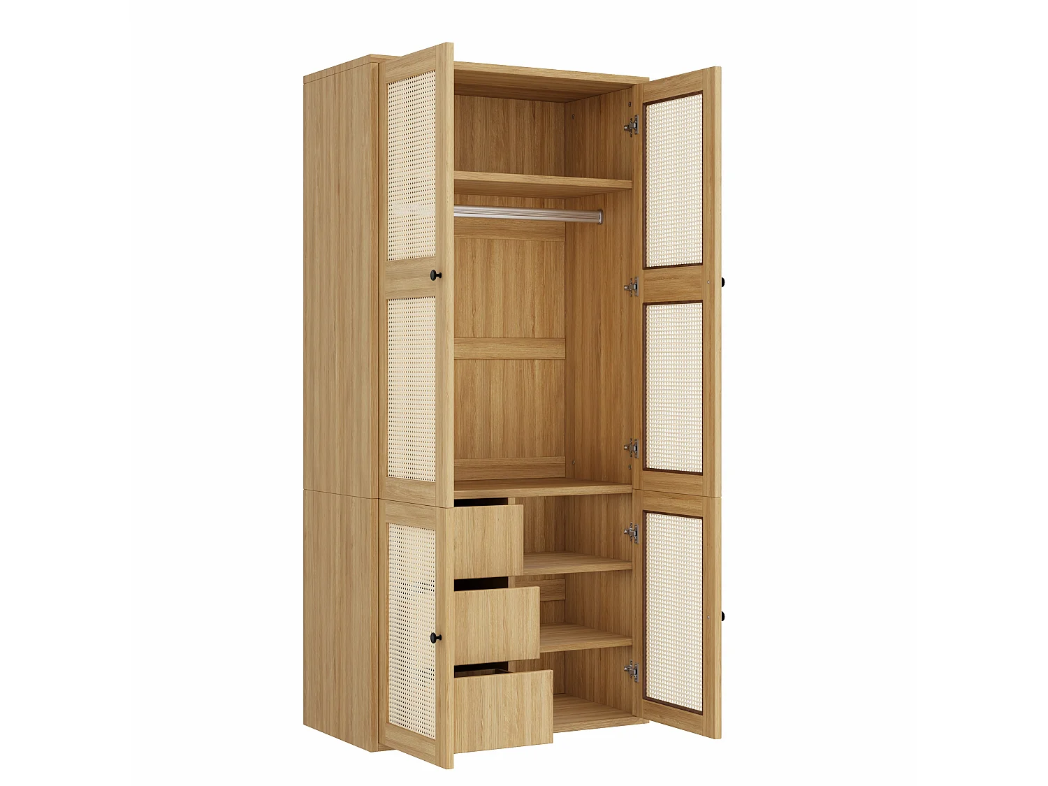 leiderschrank 90x200 cm mit Rattantüren - Moderner Aufbewahrungsschrank mit 1 Kleiderstange, 3 Schubladen & 4 Fächern - Natur