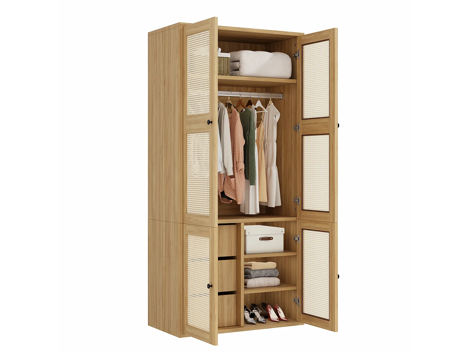 leiderschrank 90x200 cm mit Rattantüren - Moderner Aufbewahrungsschrank mit 1 Kleiderstange, 3 Schubladen & 4 Fächern - Natur