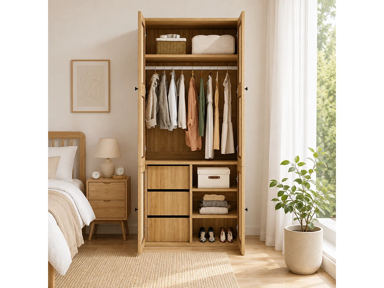 leiderschrank 90x200 cm mit Rattantüren - Moderner Aufbewahrungsschrank mit 1 Kleiderstange, 3 Schubladen & 4 Fächern - Natur