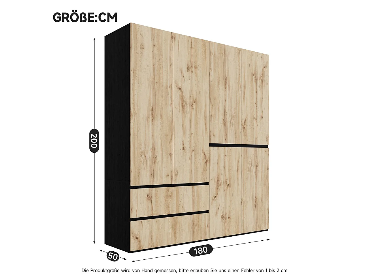Grote Kledingkast 180x200 cm - XXL Opbergkast met 6 Deuren, 2 Kledingroedes & 5 Laden - Naturel