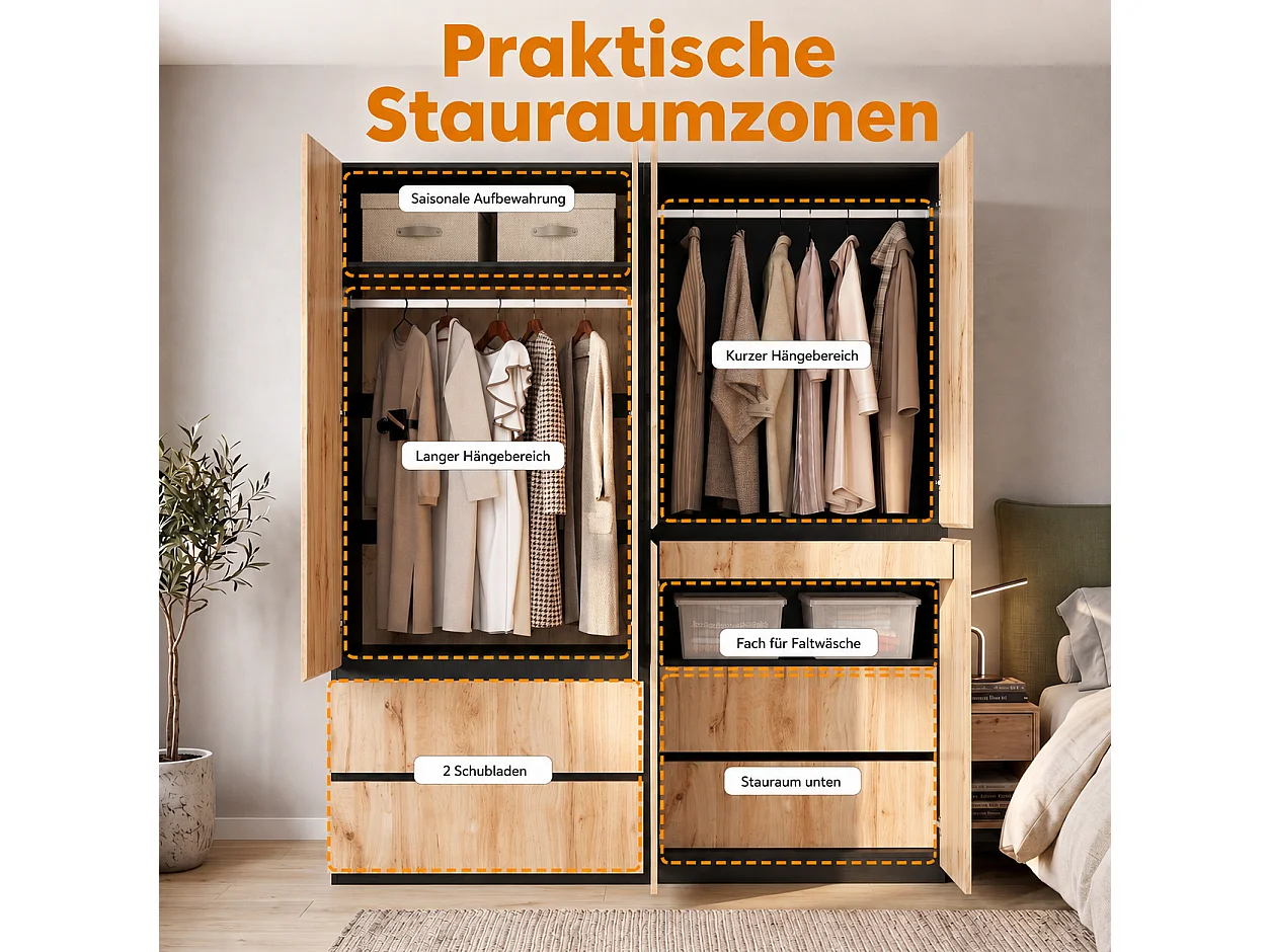 Grote Kledingkast 180x200 cm - XXL Opbergkast met 6 Deuren, 2 Kledingroedes & 5 Laden - Naturel