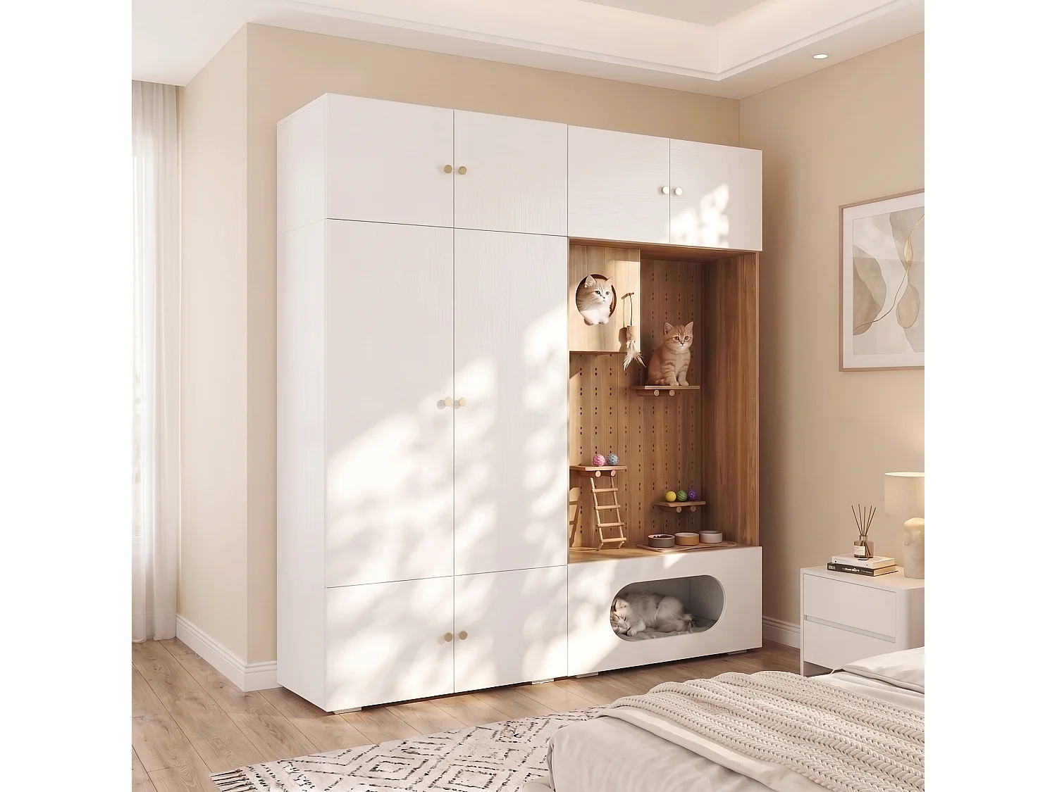Duża Szafa Garderobiana 2 w 1 180x200 cm - z Garderobą, Ścieżką do Wspinaczki dla Kota, Budką i Poduszką - Biała i Naturalna