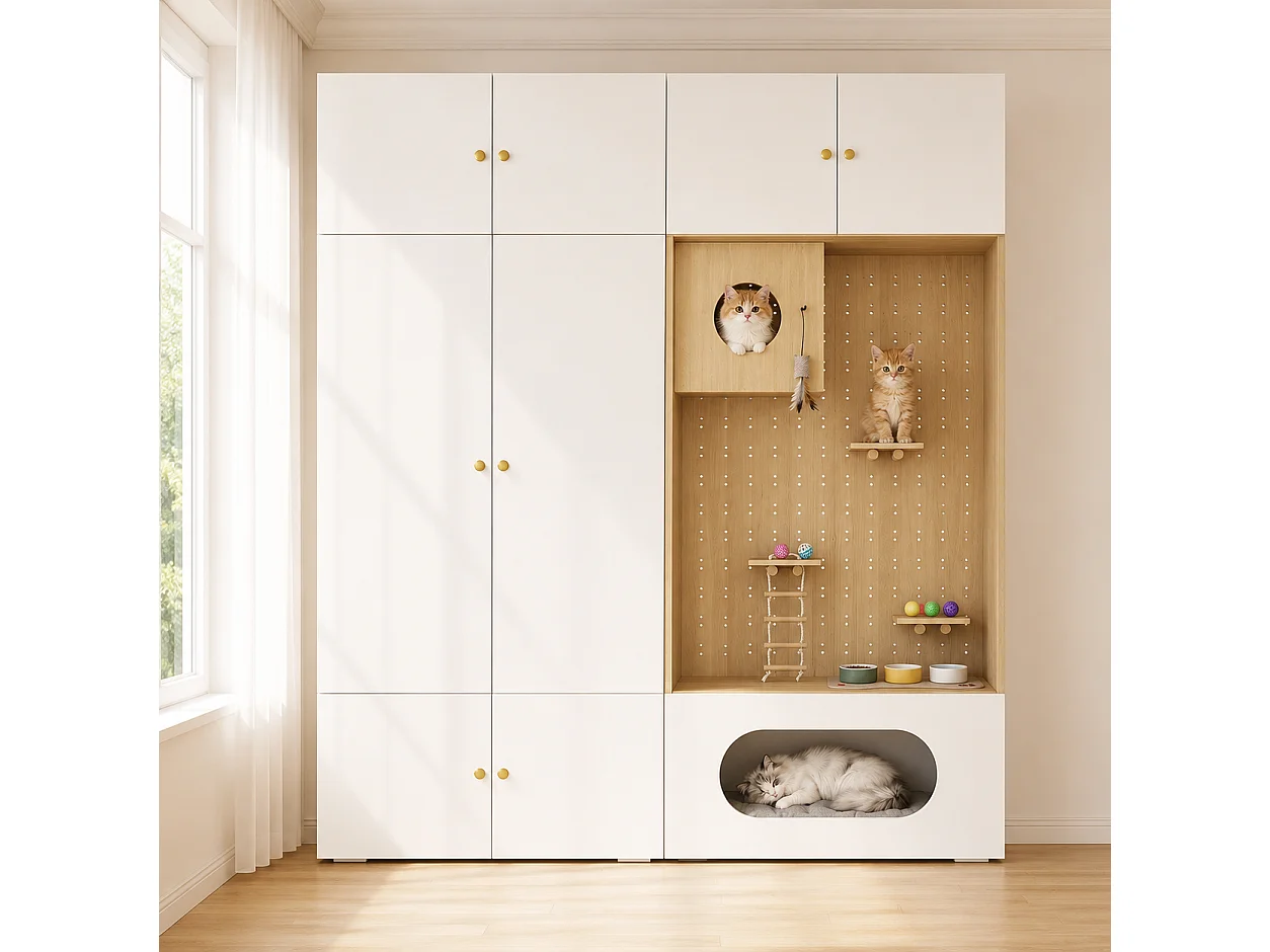 Duża Szafa Garderobiana 2 w 1 180x200 cm - z Garderobą, Ścieżką do Wspinaczki dla Kota, Budką i Poduszką - Biała i Naturalna