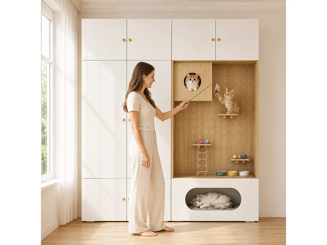 Duża Szafa Garderobiana 2 w 1 180x200 cm - z Garderobą, Ścieżką do Wspinaczki dla Kota, Budką i Poduszką - Biała i Naturalna