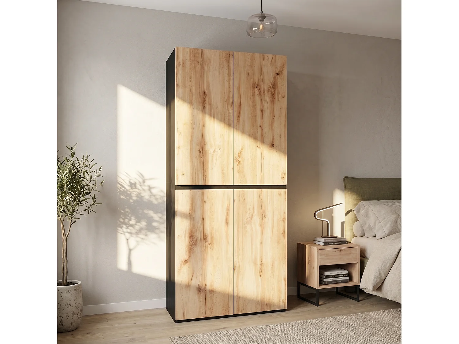 Garderobeskab 90x200 cm med smykkeskuffe - Moderne opbevaringsskab med 4 låger, 1 bøjlestang og skuffer - Natur