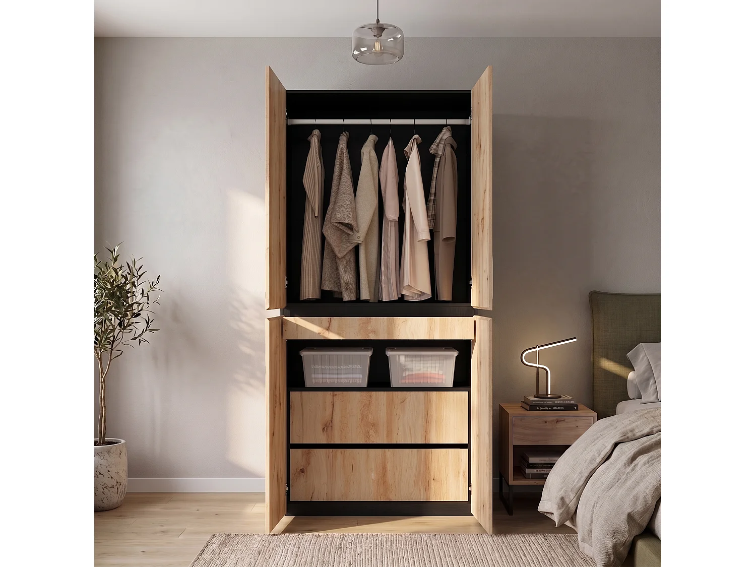 Garderobeskab 90x200 cm med smykkeskuffe - Moderne opbevaringsskab med 4 låger, 1 bøjlestang og skuffer - Natur
