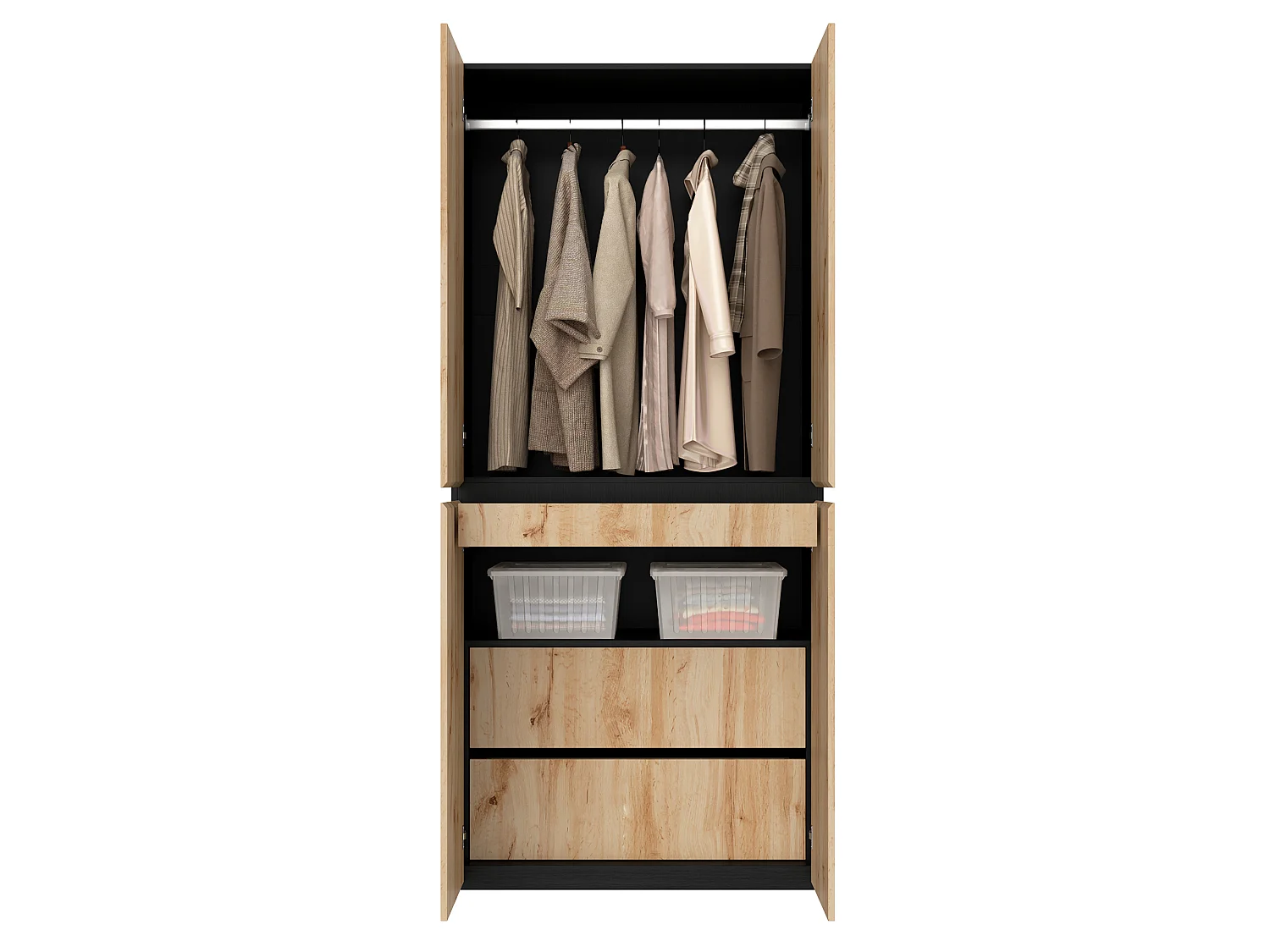 Garderobeskab 90x200 cm med smykkeskuffe - Moderne opbevaringsskab med 4 låger, 1 bøjlestang og skuffer - Natur