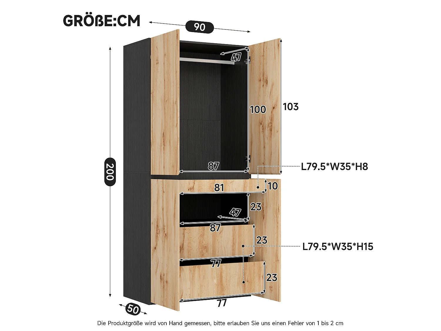 Garderobeskab 90x200 cm med smykkeskuffe - Moderne opbevaringsskab med 4 låger, 1 bøjlestang og skuffer - Natur