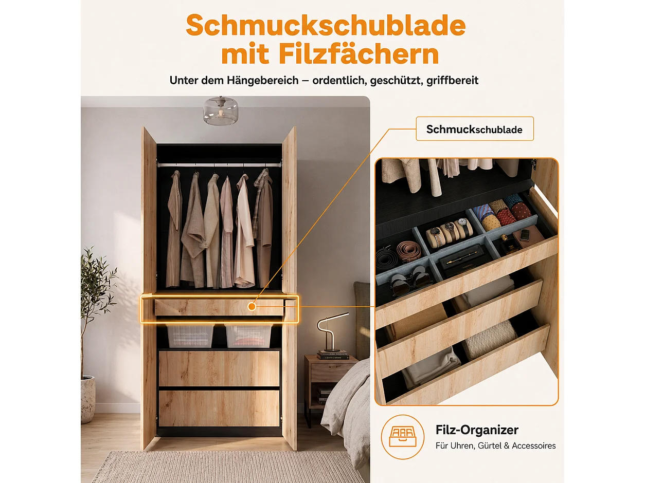 Garderobeskab 90x200 cm med smykkeskuffe - Moderne opbevaringsskab med 4 låger, 1 bøjlestang og skuffer - Natur