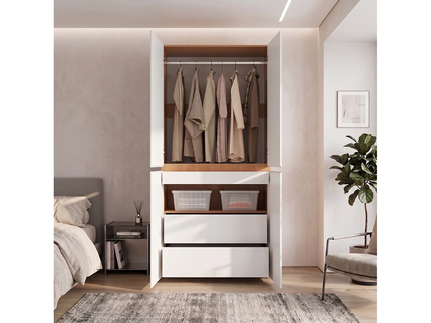 Szafa Garderobiana 90x200 cm - Nowoczesny Mebel do Przechowywania z 4 Drzwiami, 1 Drążkiem na Ubrania i Szufladami, Współczesny Styl - Biała