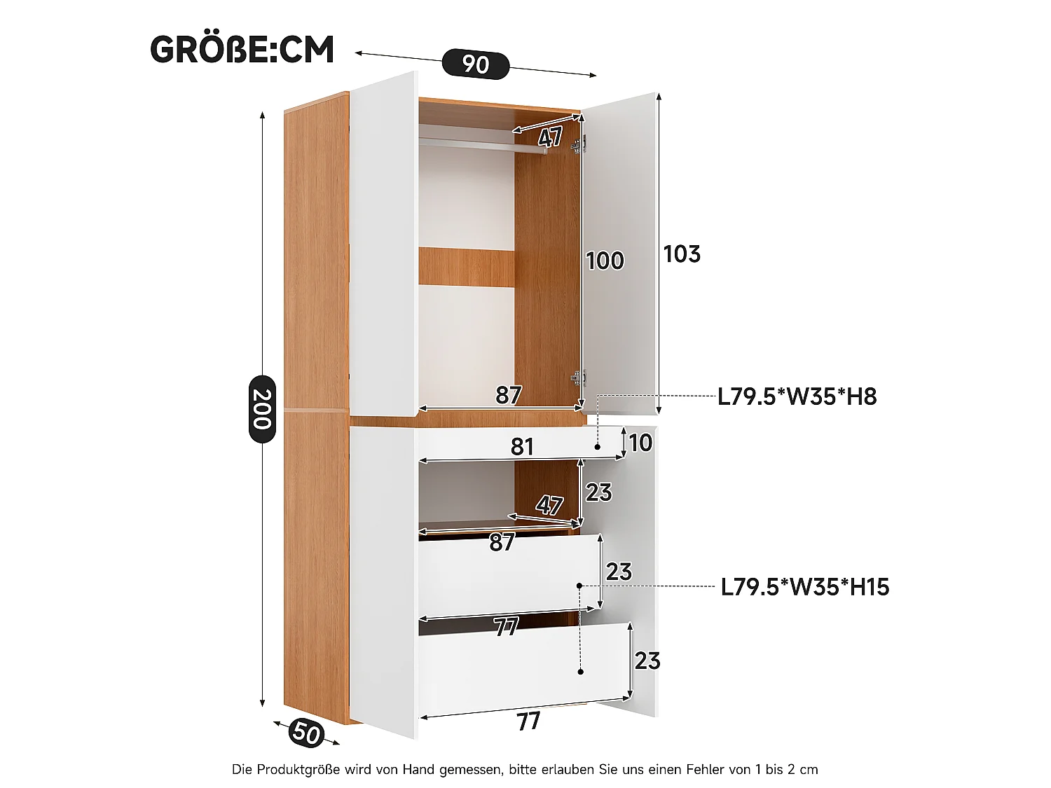 Szafa Garderobiana 90x200 cm - Nowoczesny Mebel do Przechowywania z 4 Drzwiami, 1 Drążkiem na Ubrania i Szufladami, Współczesny Styl - Biała