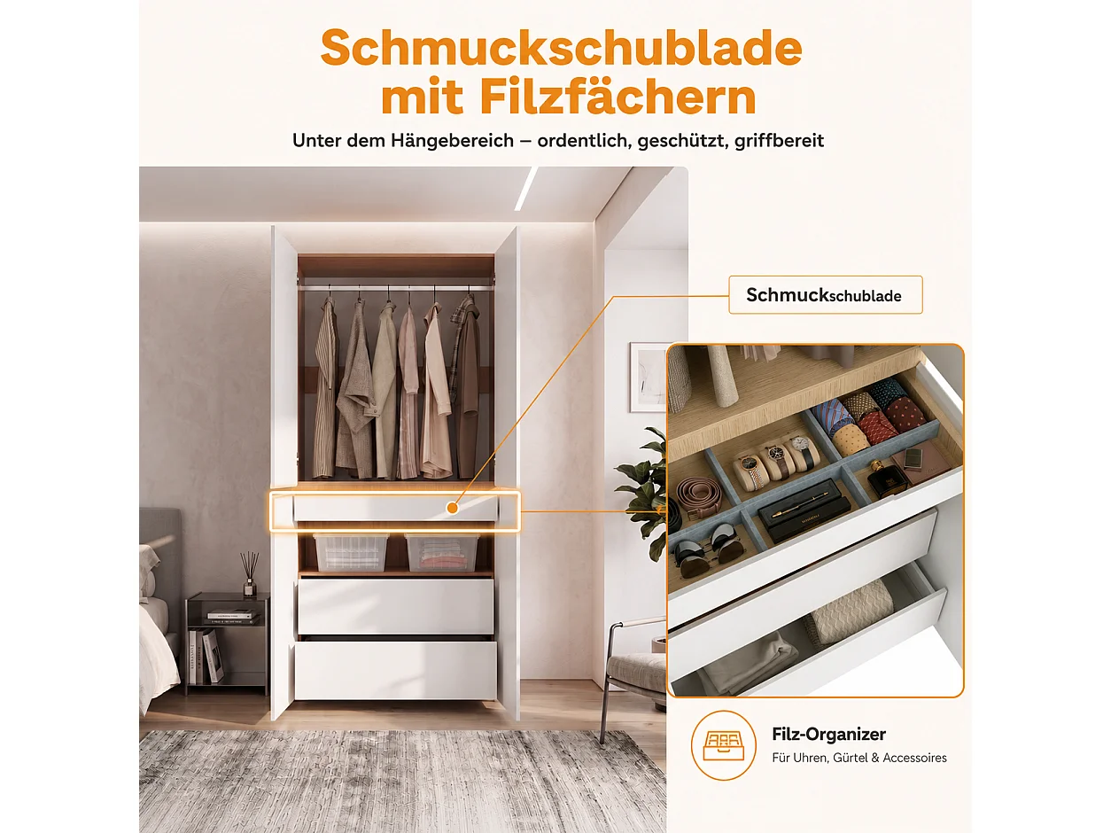 Szafa Garderobiana 90x200 cm - Nowoczesny Mebel do Przechowywania z 4 Drzwiami, 1 Drążkiem na Ubrania i Szufladami, Współczesny Styl - Biała