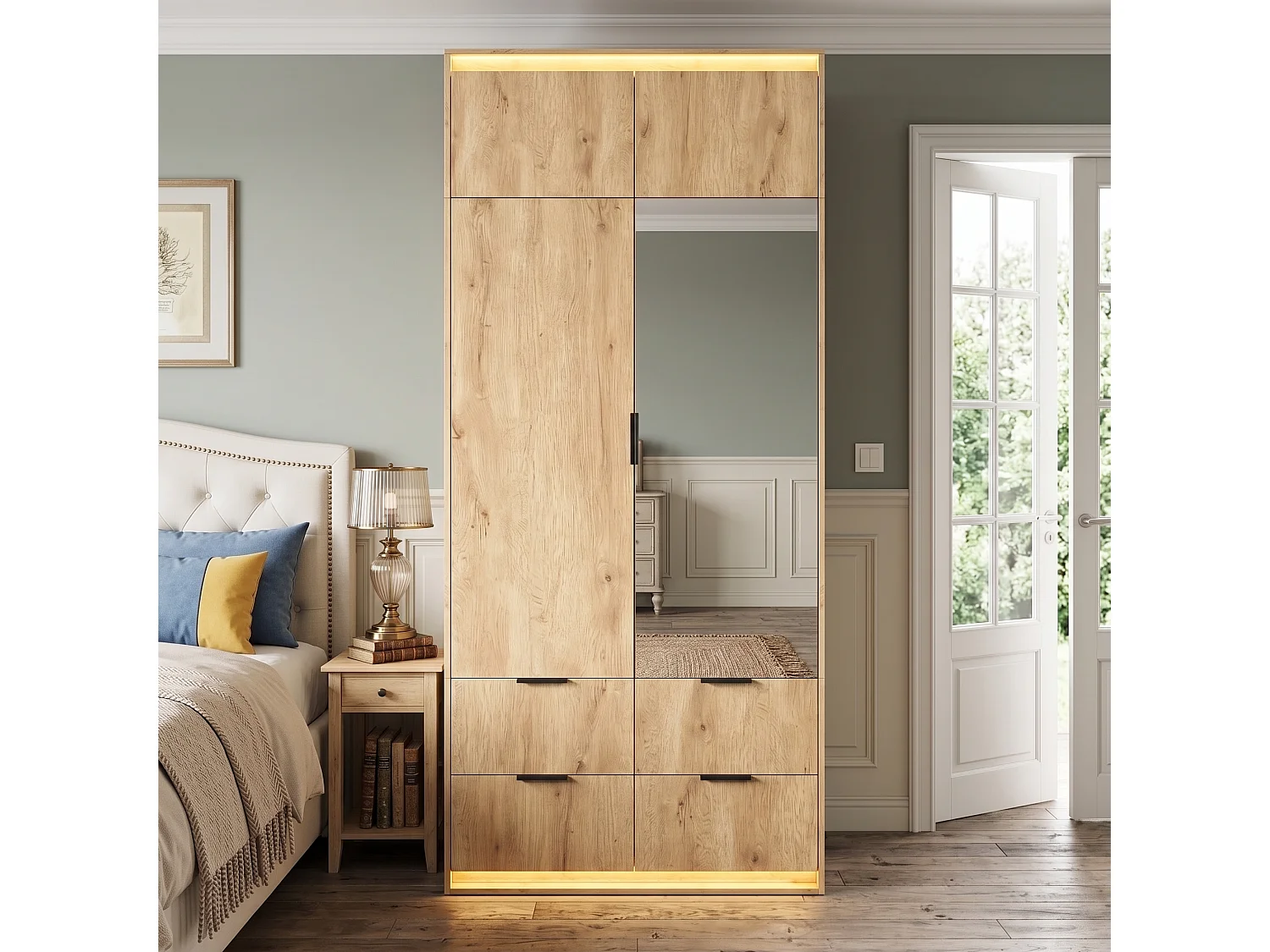 Kleiderschrank 90x200 cm mit Spiegel & LED - Moderner Aufbewahrungsschrank mit 1 Kleiderstange & 4 Schubladen - Natur