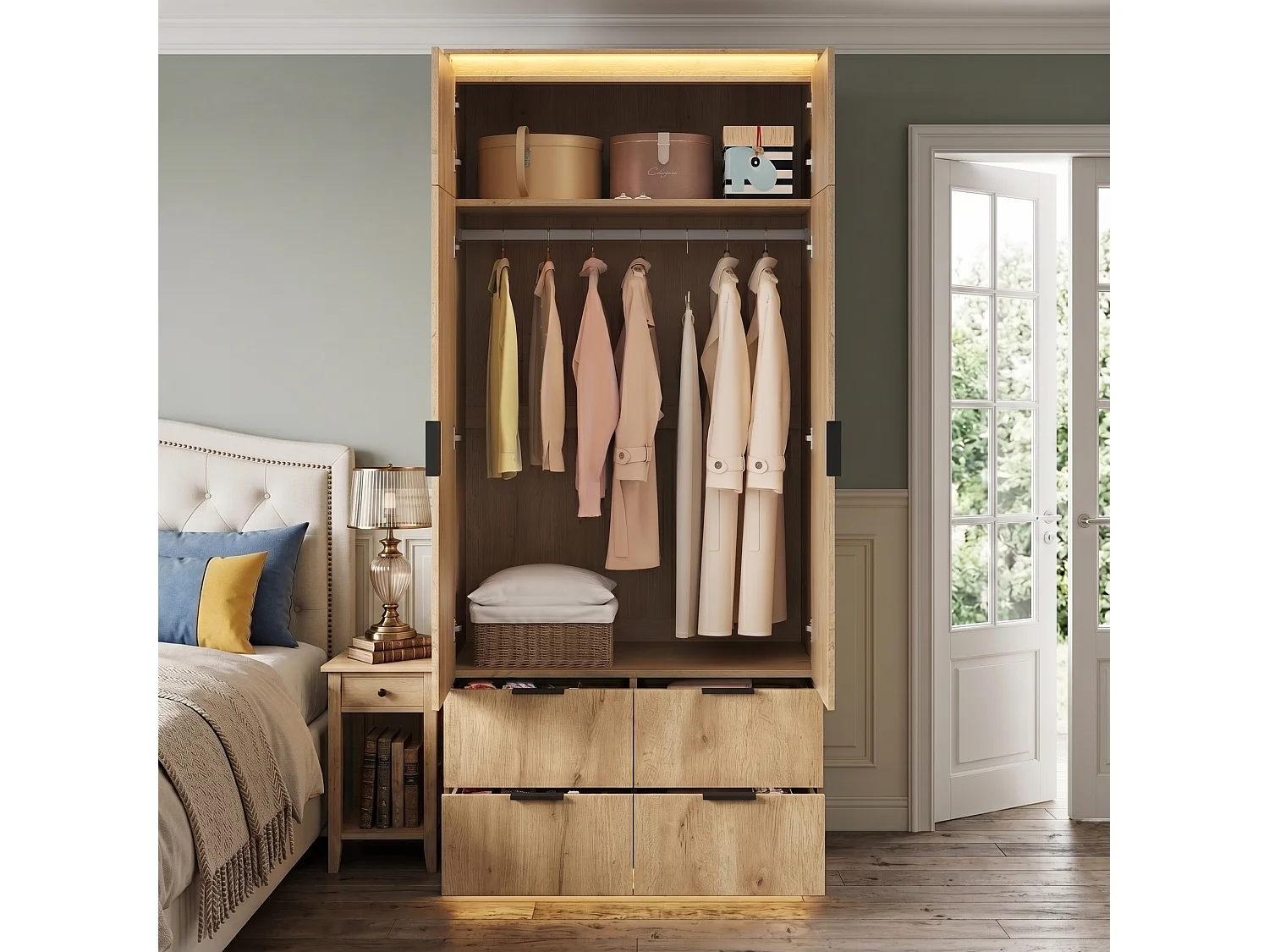 Kleiderschrank 90x200 cm mit Spiegel & LED - Moderner Aufbewahrungsschrank mit 1 Kleiderstange & 4 Schubladen - Natur