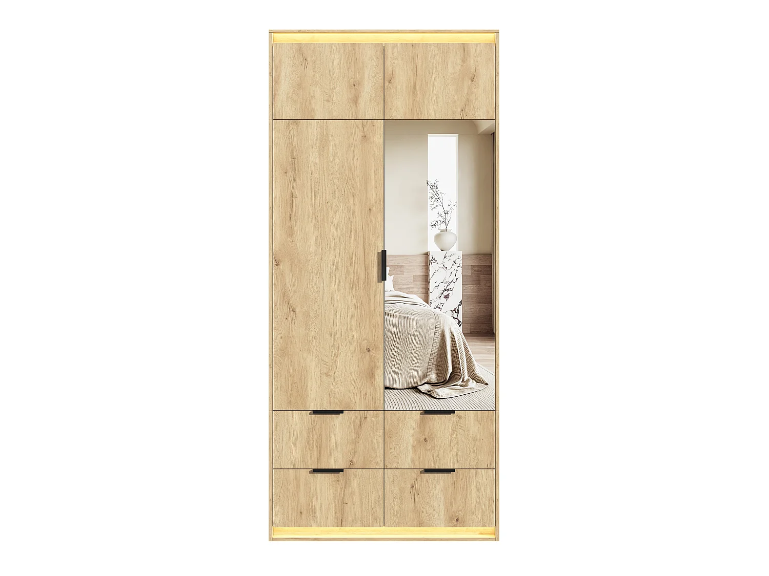 Kleiderschrank 90x200 cm mit Spiegel & LED - Moderner Aufbewahrungsschrank mit 1 Kleiderstange & 4 Schubladen - Natur