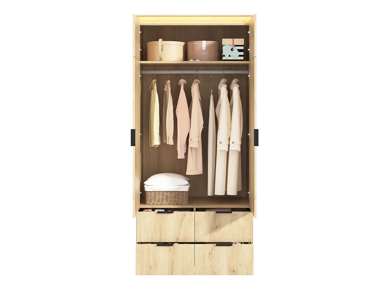 Kleiderschrank 90x200 cm mit Spiegel & LED - Moderner Aufbewahrungsschrank mit 1 Kleiderstange & 4 Schubladen - Natur