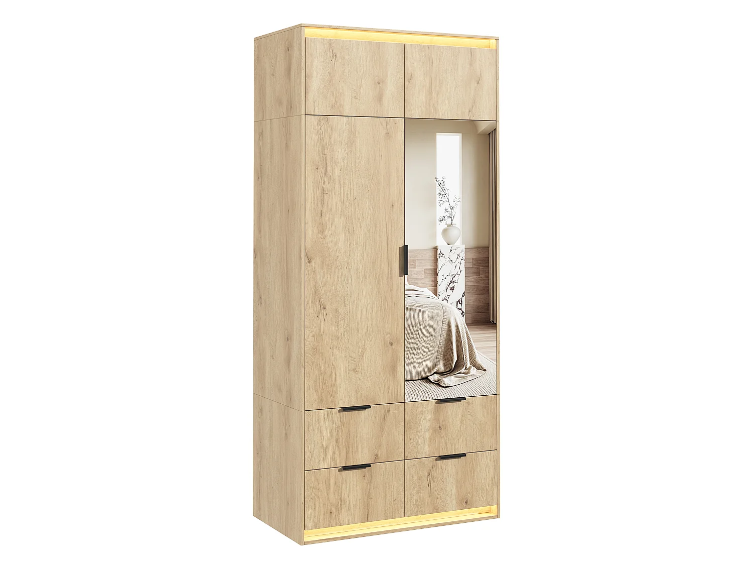 Kleiderschrank 90x200 cm mit Spiegel & LED - Moderner Aufbewahrungsschrank mit 1 Kleiderstange & 4 Schubladen - Natur