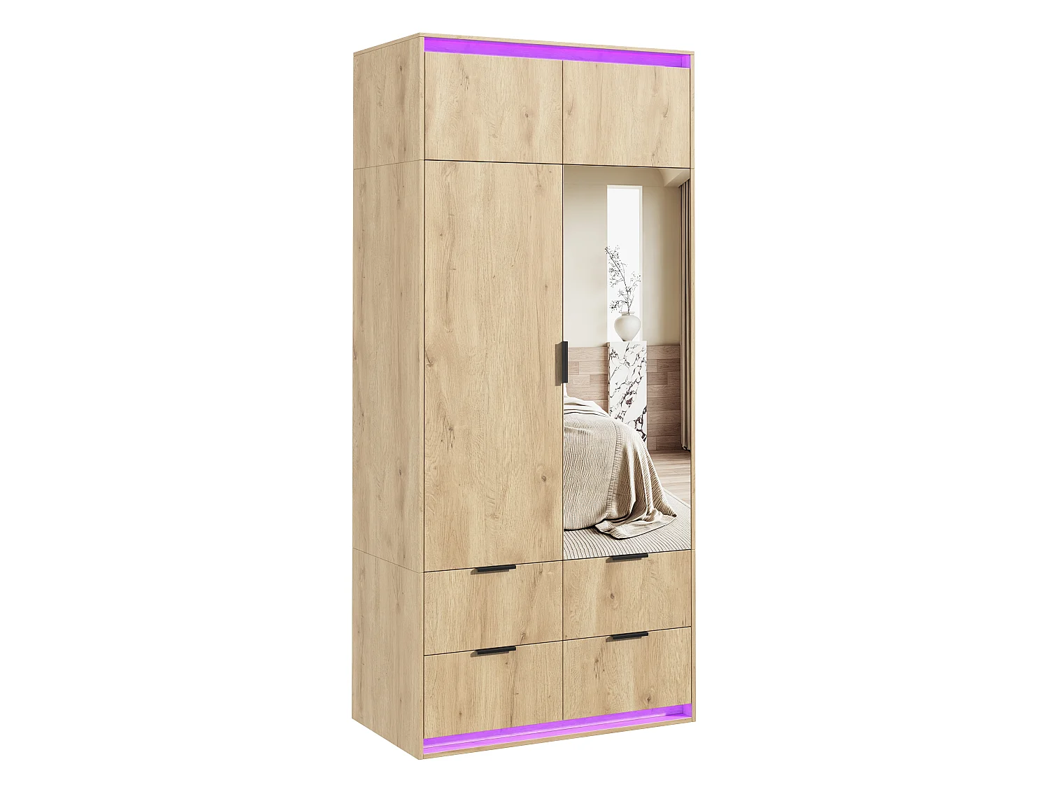 Kleiderschrank 90x200 cm mit Spiegel & LED - Moderner Aufbewahrungsschrank mit 1 Kleiderstange & 4 Schubladen - Natur