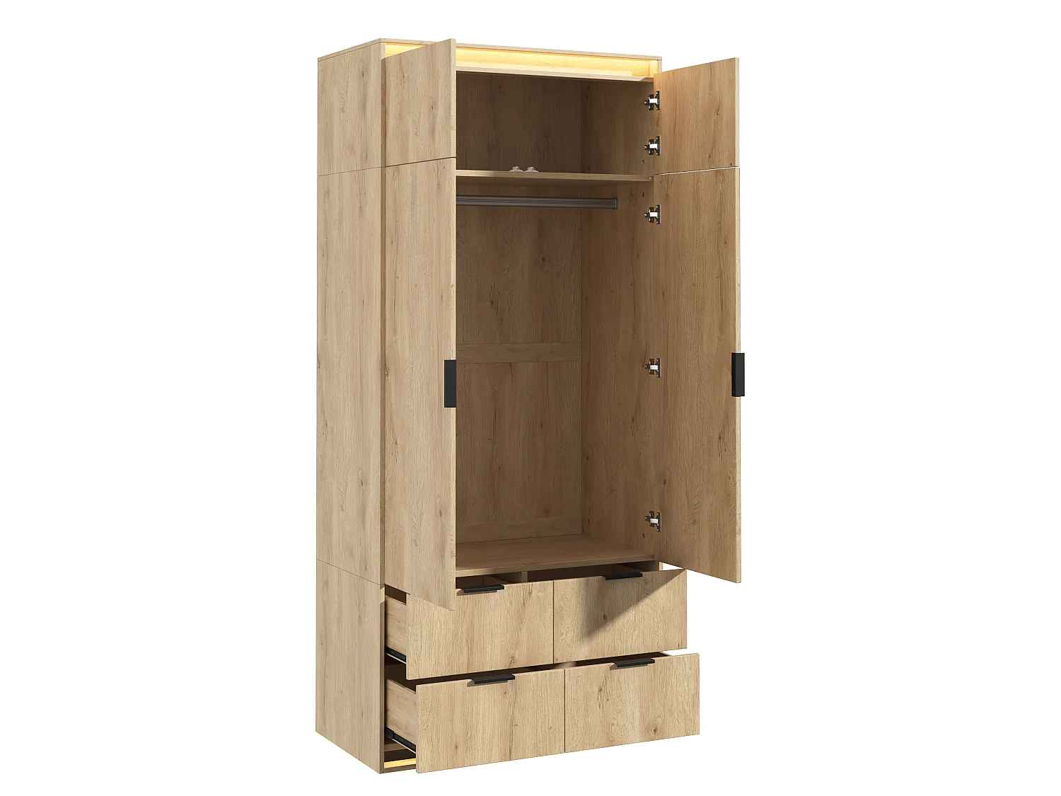 Kleiderschrank 90x200 cm mit Spiegel & LED - Moderner Aufbewahrungsschrank mit 1 Kleiderstange & 4 Schubladen - Natur