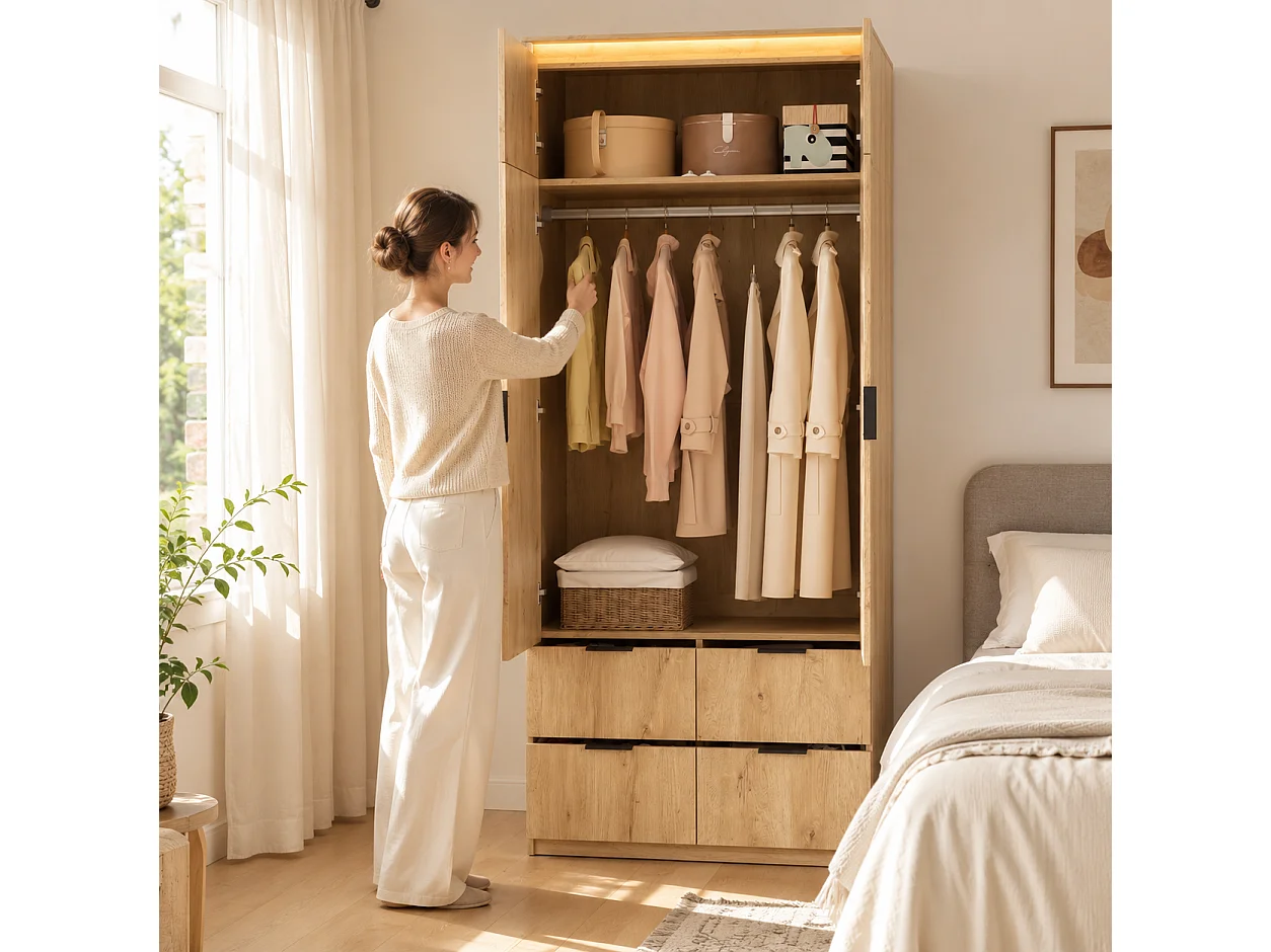 Kleiderschrank 90x200 cm mit Spiegel & LED - Moderner Aufbewahrungsschrank mit 1 Kleiderstange & 4 Schubladen - Natur