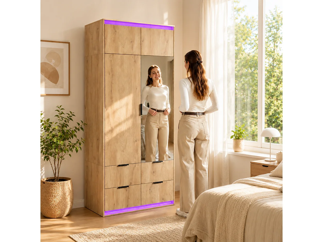 Kleiderschrank 90x200 cm mit Spiegel & LED - Moderner Aufbewahrungsschrank mit 1 Kleiderstange & 4 Schubladen - Natur
