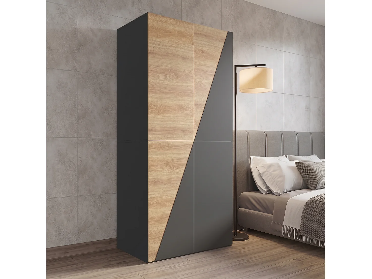 Kleiderschrank 90x200 cm - Aufbewahrungsschrank mit 1 Kleiderstange, Hosenhalter, Aufbewahrungsbox & 2 Schubladen - Holz und Grau