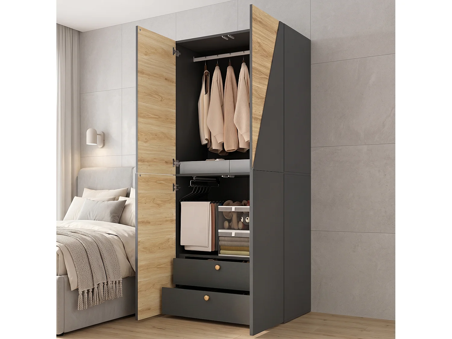 Kleiderschrank 90x200 cm - Aufbewahrungsschrank mit 1 Kleiderstange, Hosenhalter, Aufbewahrungsbox & 2 Schubladen - Holz und Grau