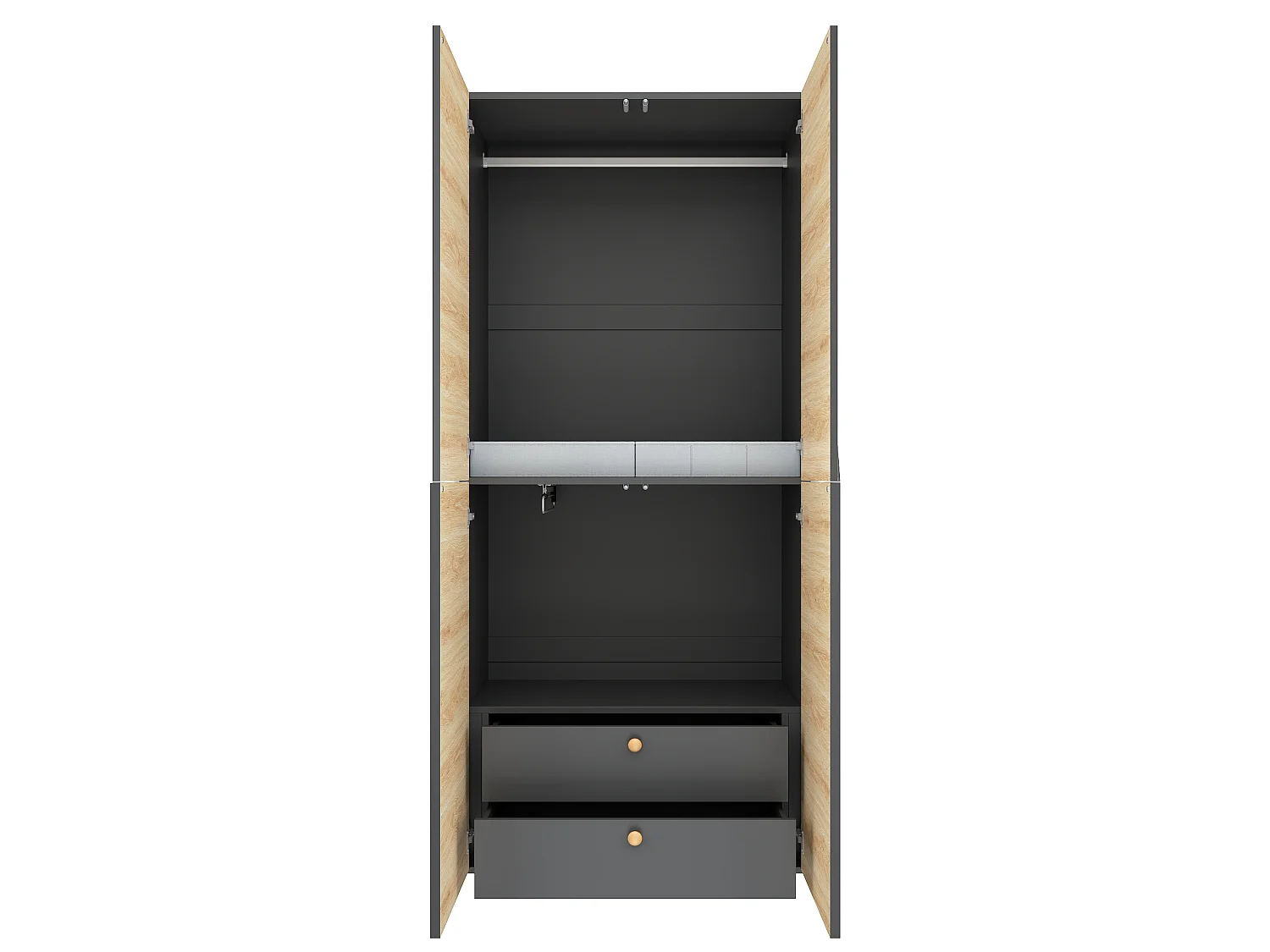 Kleiderschrank 90x200 cm - Aufbewahrungsschrank mit 1 Kleiderstange, Hosenhalter, Aufbewahrungsbox & 2 Schubladen - Holz und Grau