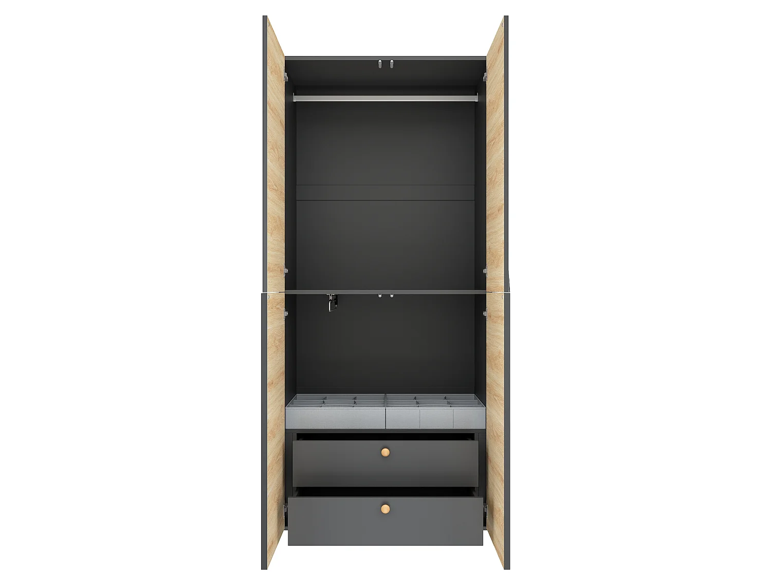 Kleiderschrank 90x200 cm - Aufbewahrungsschrank mit 1 Kleiderstange, Hosenhalter, Aufbewahrungsbox & 2 Schubladen - Holz und Grau