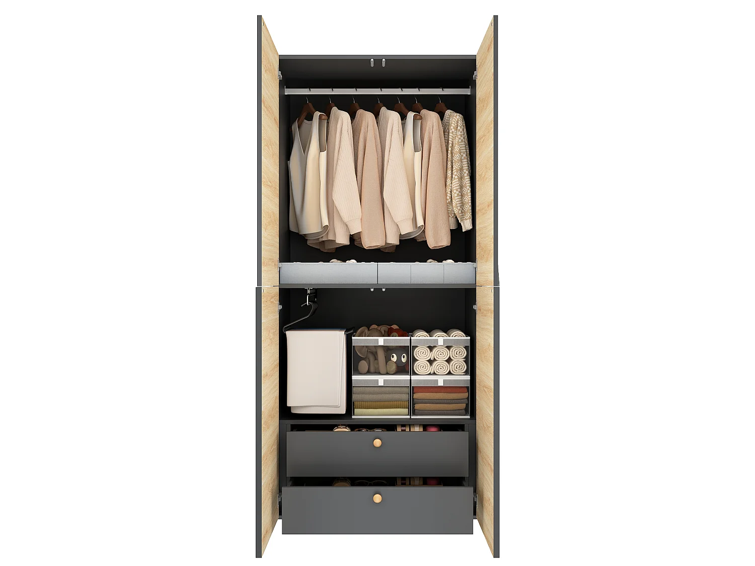 Kleiderschrank 90x200 cm - Aufbewahrungsschrank mit 1 Kleiderstange, Hosenhalter, Aufbewahrungsbox & 2 Schubladen - Holz und Grau