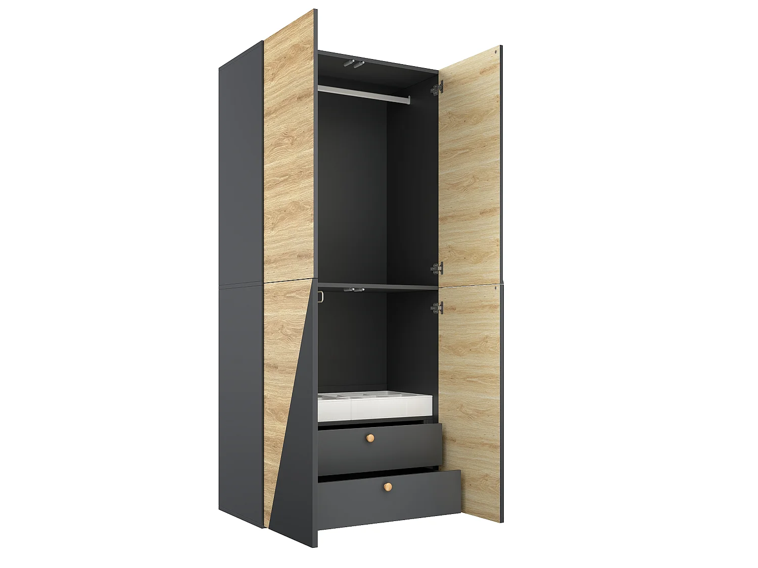 Kleiderschrank 90x200 cm - Aufbewahrungsschrank mit 1 Kleiderstange, Hosenhalter, Aufbewahrungsbox & 2 Schubladen - Holz und Grau