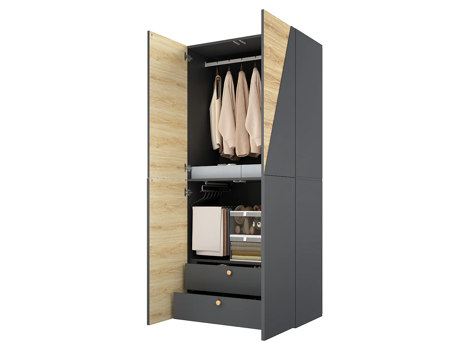 Kleiderschrank 90x200 cm - Aufbewahrungsschrank mit 1 Kleiderstange, Hosenhalter, Aufbewahrungsbox & 2 Schubladen - Holz und Grau
