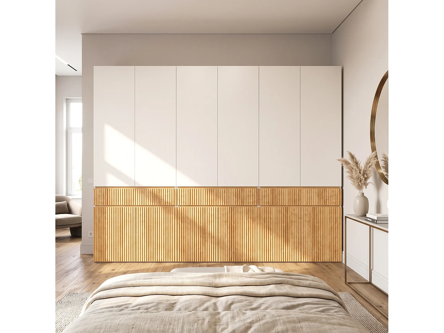 Duża Modułowa Szafa Garderobiana 270x200 cm - Mebel do Przechowywania XXL z 12 Drzwiami, 3 Drążkami na Ubrania i 3 Szufladami - Naturalny