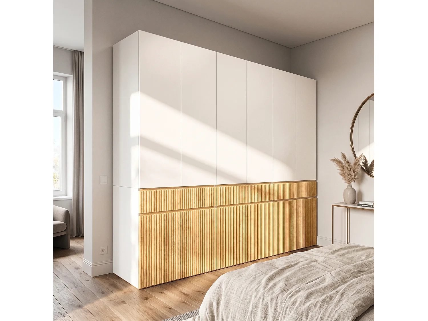 Duża Modułowa Szafa Garderobiana 270x200 cm - Mebel do Przechowywania XXL z 12 Drzwiami, 3 Drążkami na Ubrania i 3 Szufladami - Naturalny