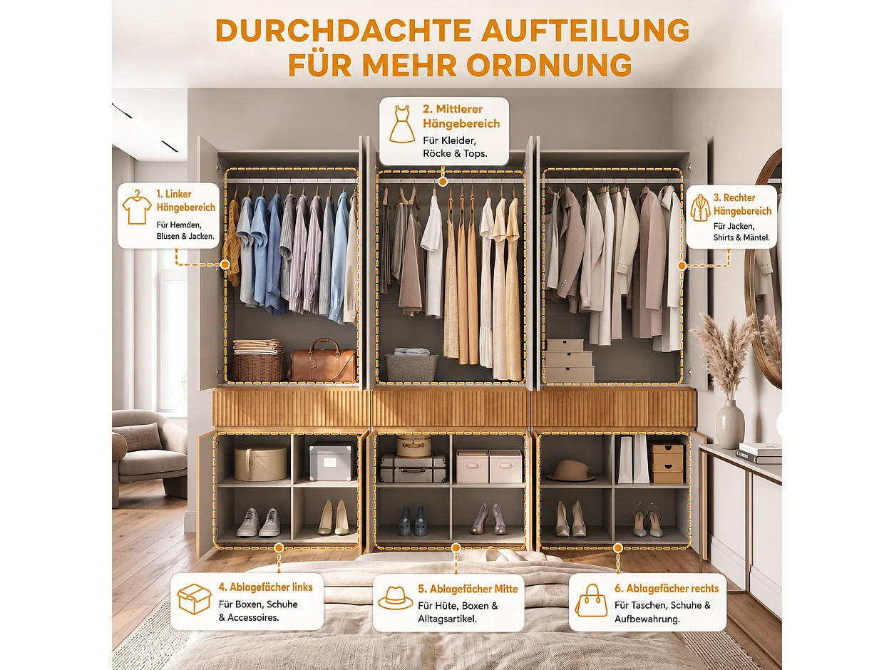 Duża Modułowa Szafa Garderobiana 270x200 cm - Mebel do Przechowywania XXL z 12 Drzwiami, 3 Drążkami na Ubrania i 3 Szufladami - Naturalny