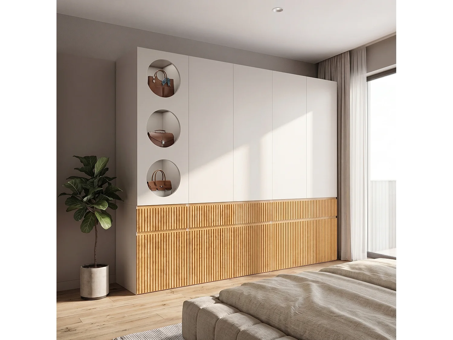 Large 225x200 cm Modular Wardrobe - XXL Storage Cabinet with 10 Doors, 2 Hanging Rails & 3 Drawers - Natural