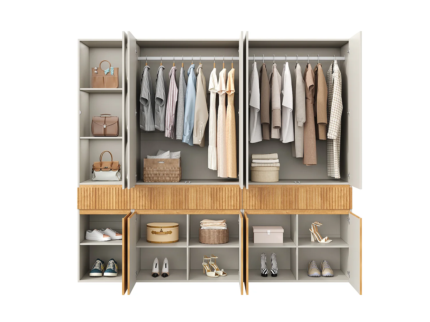 Large 225x200 cm Modular Wardrobe - XXL Storage Cabinet with 10 Doors, 2 Hanging Rails & 3 Drawers - Natural