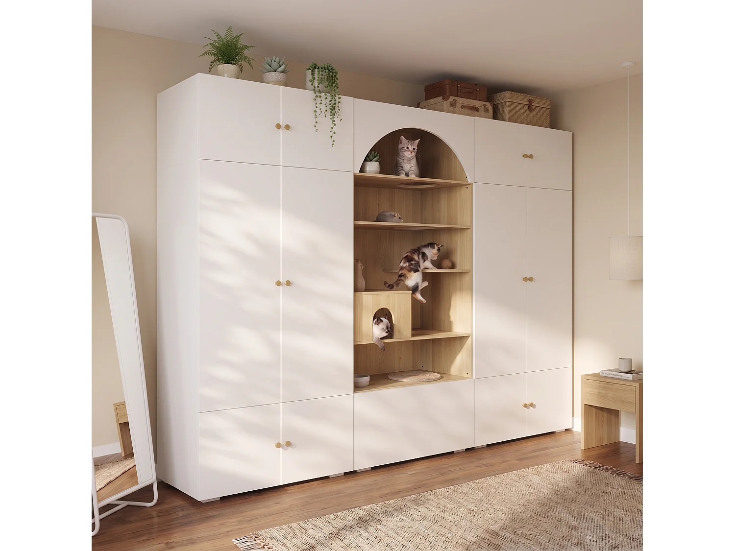 Duża Szafa Garderobiana 3 w 1 270x200 cm - z Garderobą, Ścieżką do Wspinaczki dla Kota, Poduszką i 12 Wnękami - Biała i Naturalna
