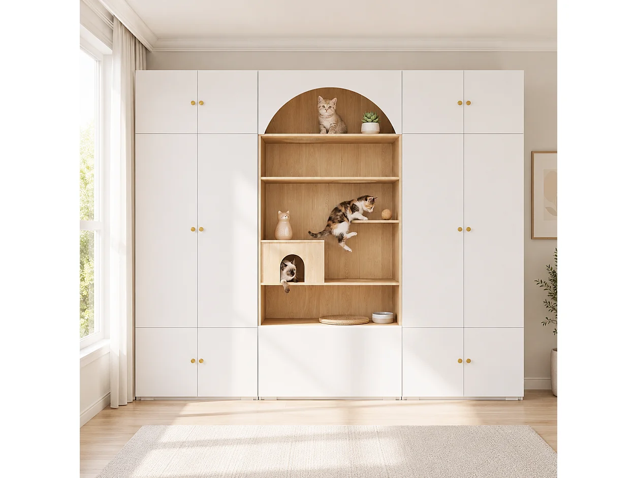 Duża Szafa Garderobiana 3 w 1 270x200 cm - z Garderobą, Ścieżką do Wspinaczki dla Kota, Poduszką i 12 Wnękami - Biała i Naturalna