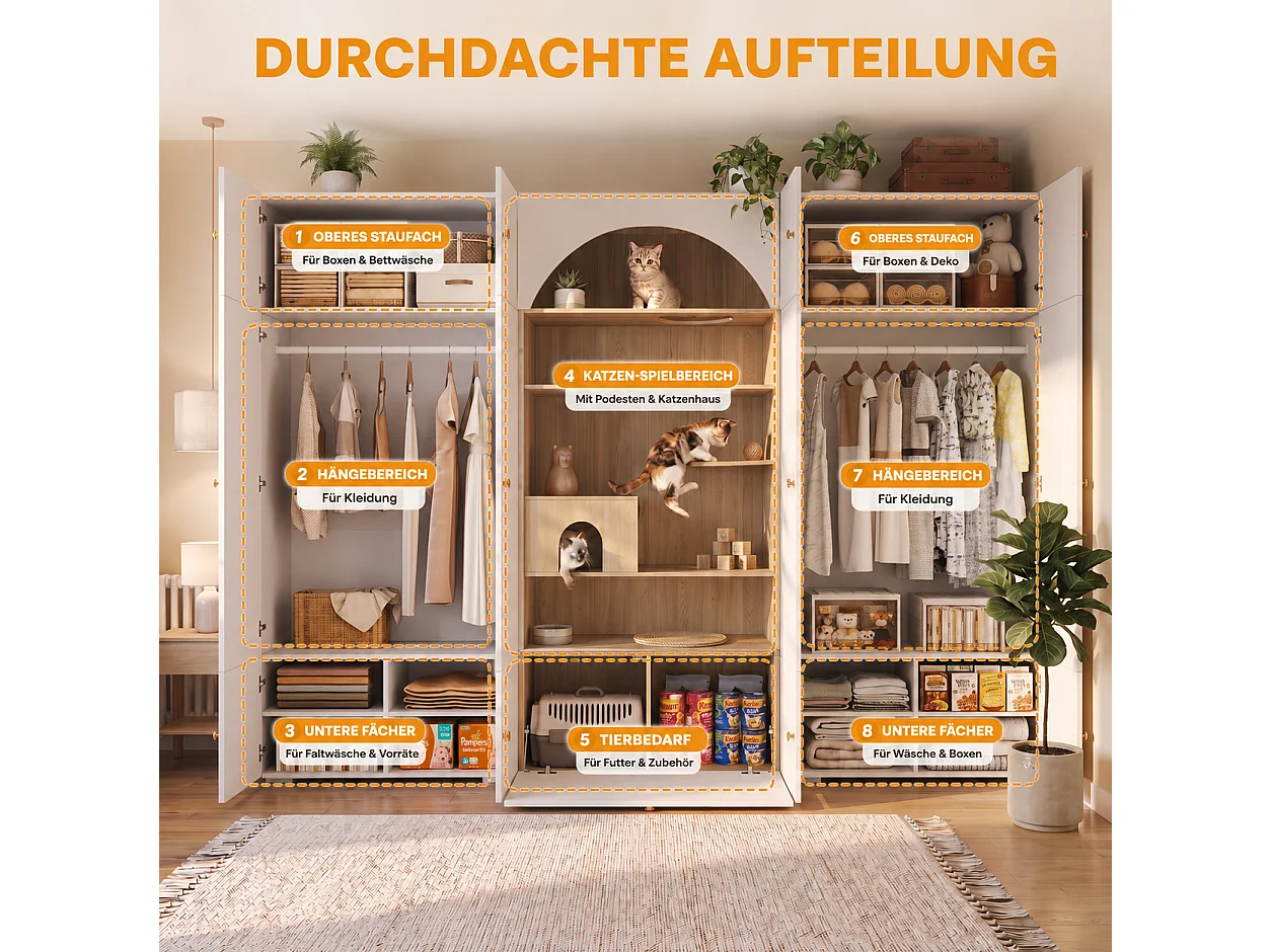 Duża Szafa Garderobiana 3 w 1 270x200 cm - z Garderobą, Ścieżką do Wspinaczki dla Kota, Poduszką i 12 Wnękami - Biała i Naturalna