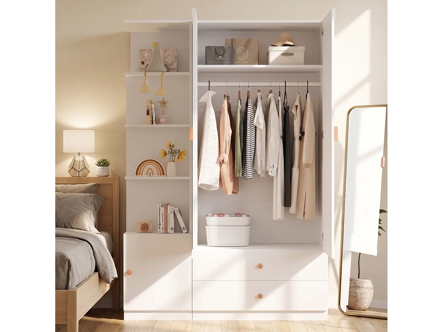 Großer Kleiderschrank 135x200 cm mit Griffen aus Massivholz - XXL-Aufbewahrungsschrank mit 2 Kleiderstangen & 2 Schubladen - Weiß