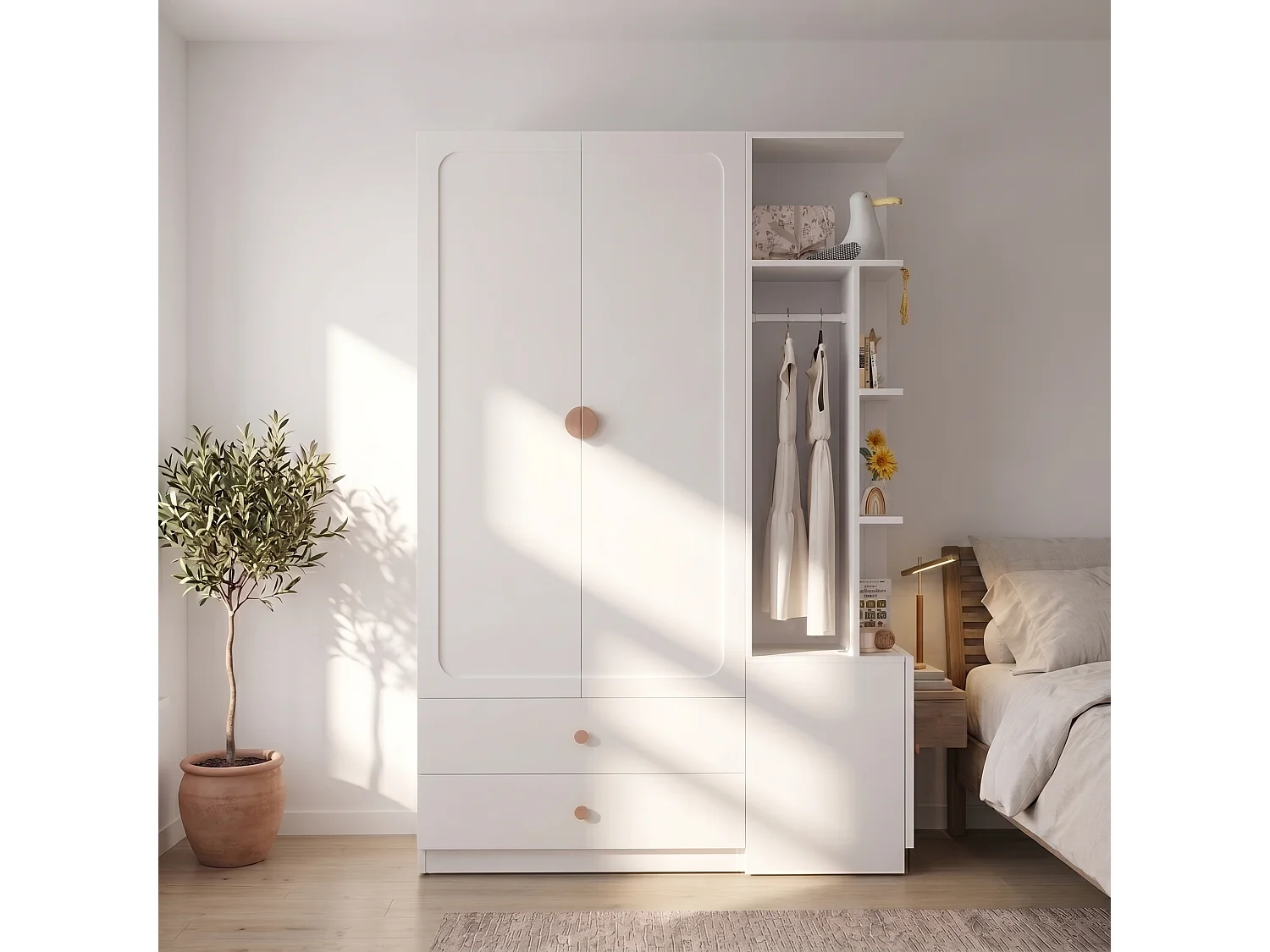 Großer Kleiderschrank 135x200 cm mit Griffen aus Massivholz - XXL-Aufbewahrungsschrank mit 2 Kleiderstangen & 2 Schubladen - Weiß