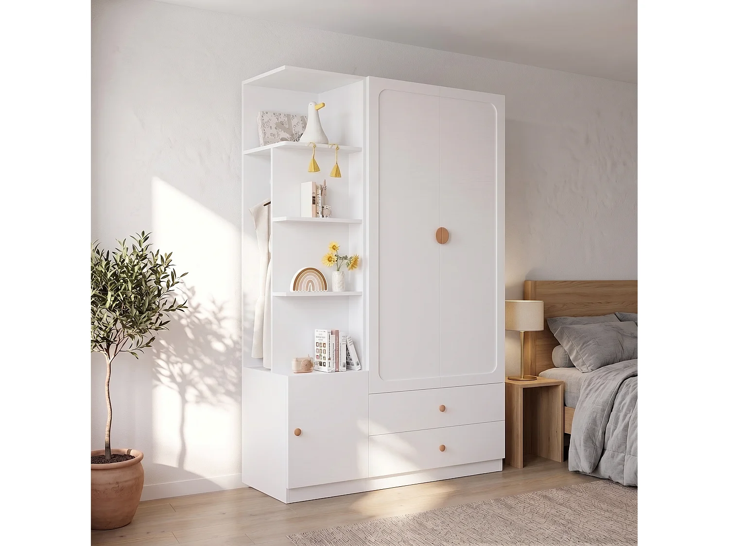 Großer Kleiderschrank 135x200 cm mit Griffen aus Massivholz - XXL-Aufbewahrungsschrank mit 2 Kleiderstangen & 2 Schubladen - Weiß