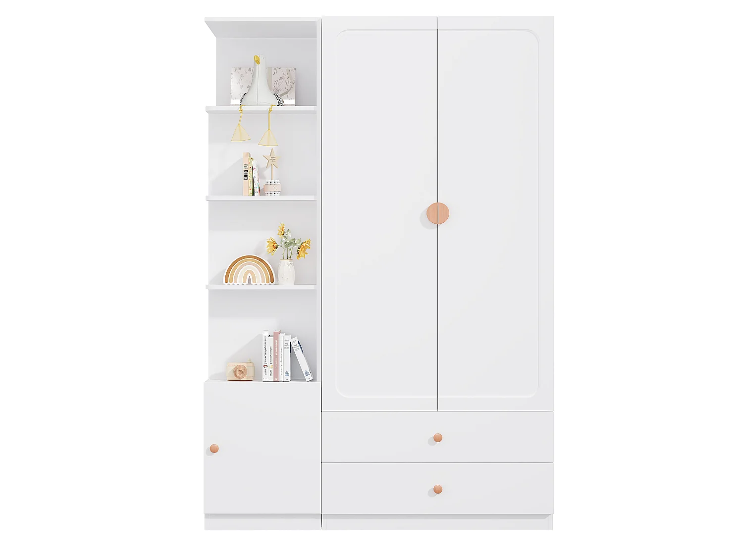 Großer Kleiderschrank 135x200 cm mit Griffen aus Massivholz - XXL-Aufbewahrungsschrank mit 2 Kleiderstangen & 2 Schubladen - Weiß