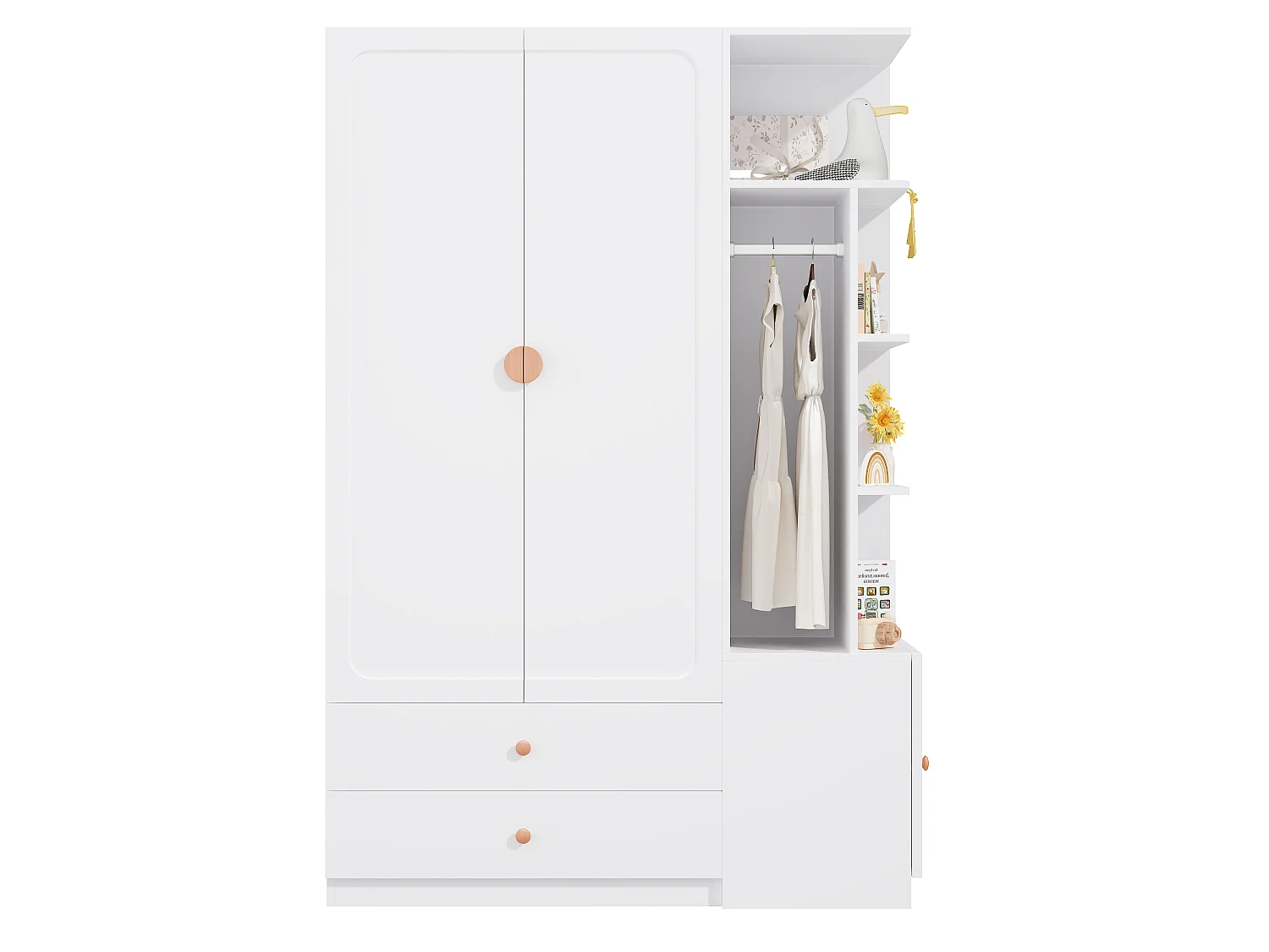 Großer Kleiderschrank 135x200 cm mit Griffen aus Massivholz - XXL-Aufbewahrungsschrank mit 2 Kleiderstangen & 2 Schubladen - Weiß