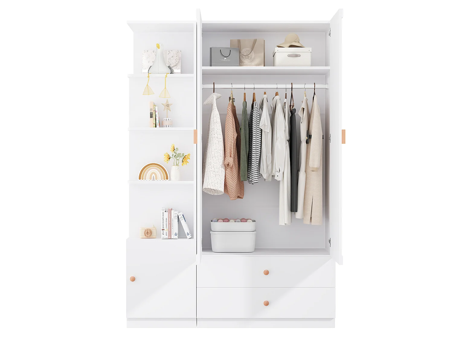 Großer Kleiderschrank 135x200 cm mit Griffen aus Massivholz - XXL-Aufbewahrungsschrank mit 2 Kleiderstangen & 2 Schubladen - Weiß