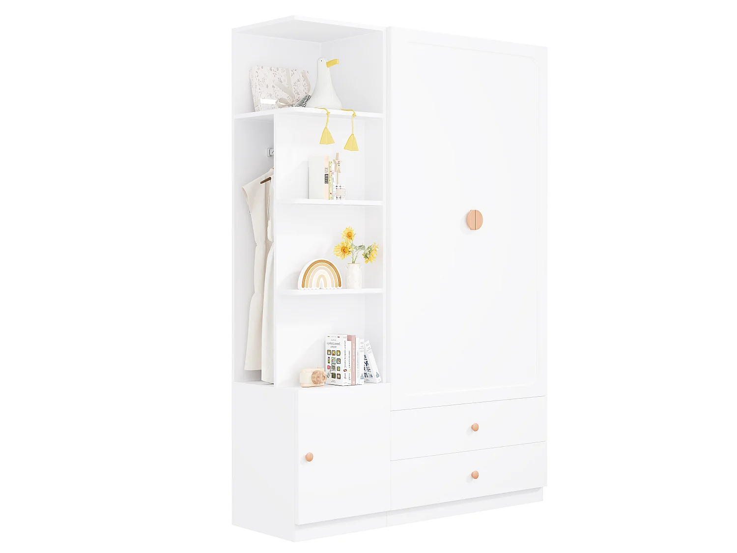 Großer Kleiderschrank 135x200 cm mit Griffen aus Massivholz - XXL-Aufbewahrungsschrank mit 2 Kleiderstangen & 2 Schubladen - Weiß
